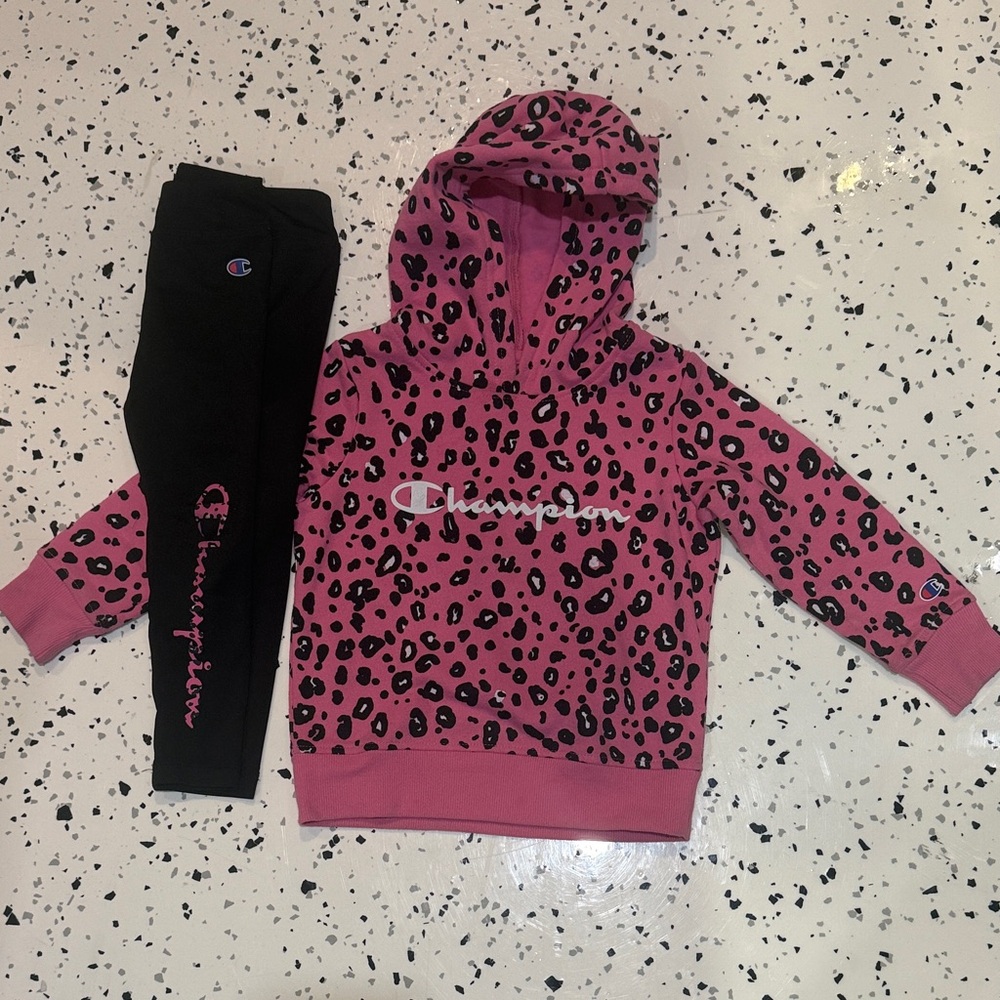 Champion Pink Leopard Print Hoodie with Black Leggings